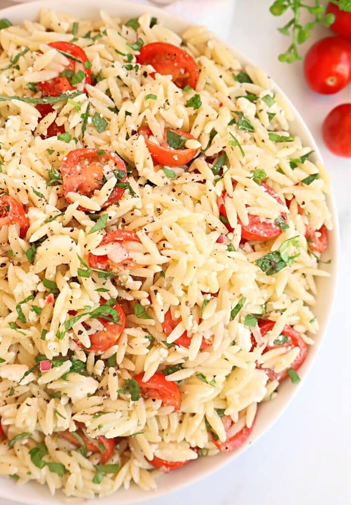 Tomato Orzo Salad ~ Quick and easy pasta salad with garden-fresh tomatoes and herbs in a light lemon dressing.