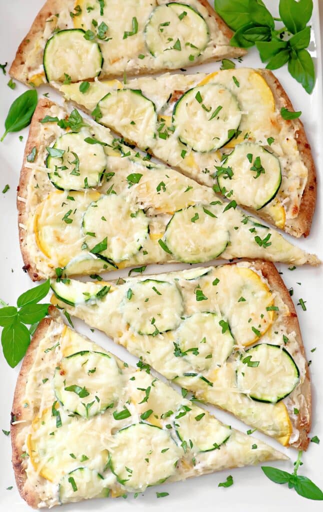 Summer Squash Flatbread ~ Light seasonal flatbread featuring garden-fresh summer squash and zucchini with a tangy ricotta base.