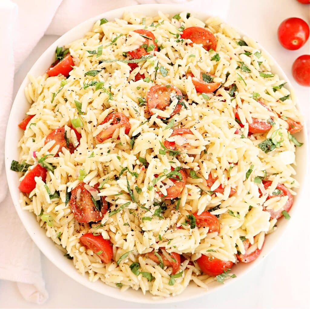 Tomato Orzo Salad ~ Quick and easy pasta salad with garden-fresh tomatoes and herbs in a light lemon dressing.