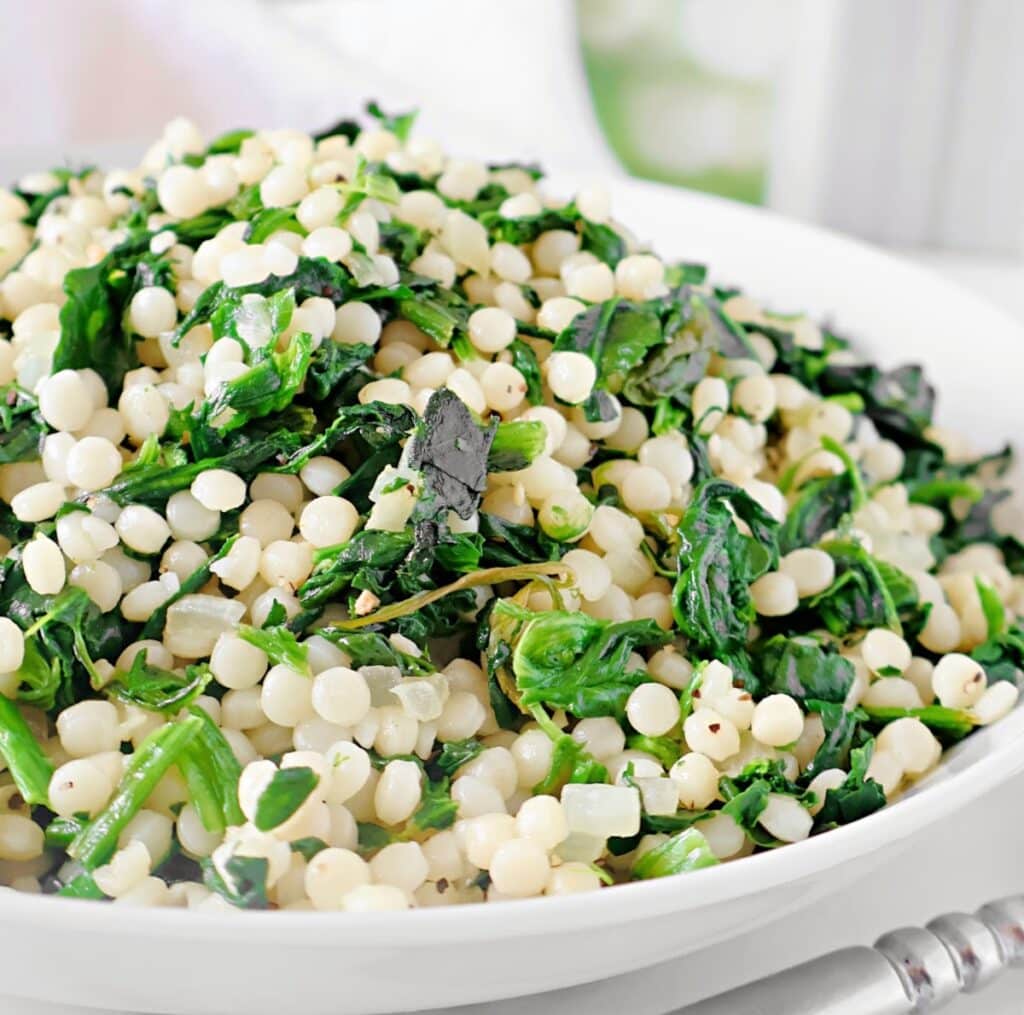 Spinach Couscous ~ An easy and budget-friendly Mediterranean-inspired dish that blends hearty pearl couscous with savory spinach.