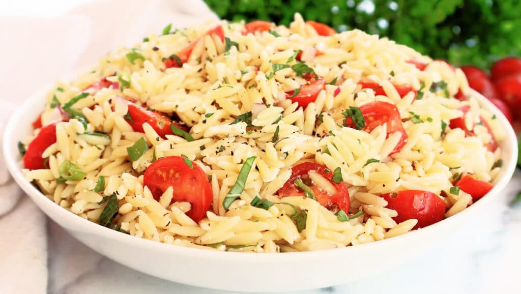 Tomato Orzo Salad ~ Quick and easy pasta salad with garden-fresh tomatoes and herbs in a light lemon dressing.