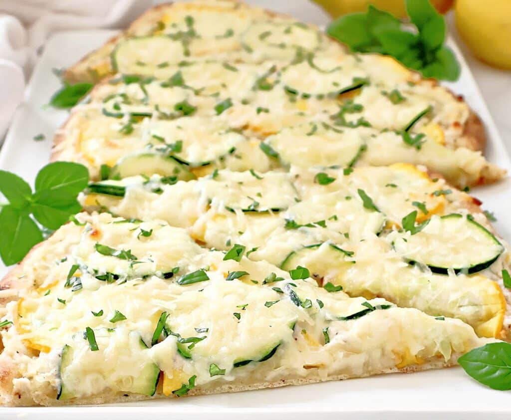 Summer Squash Flatbread ~ Light seasonal flatbread featuring garden-fresh summer squash and zucchini with a tangy ricotta base.