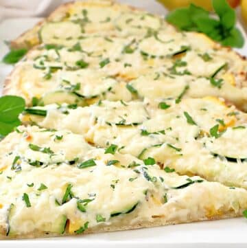 Summer Squash Flatbread ~ Light seasonal flatbread featuring garden-fresh summer squash and zucchini with a tangy ricotta base.