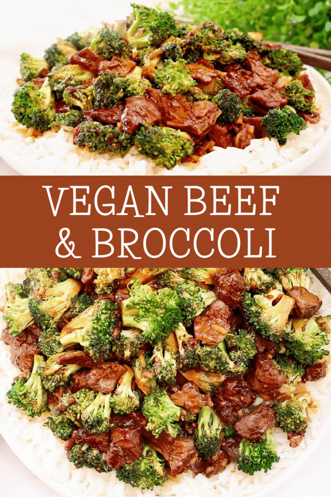 Vegan Beef and Broccoli ~ Plant-based version of classic Chinese takeout with fresh broccoli and vegan beef steak over fluffy Jasmine rice.