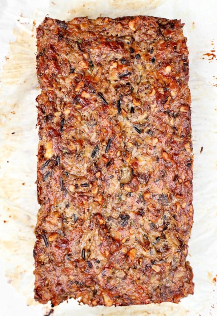 Vegetarian Nut Roast ~ A rich, protein-packed loaf with nuts, wild rice, garbanzo beans, and herbs, perfect for Thanksgiving or Christmas dinner.