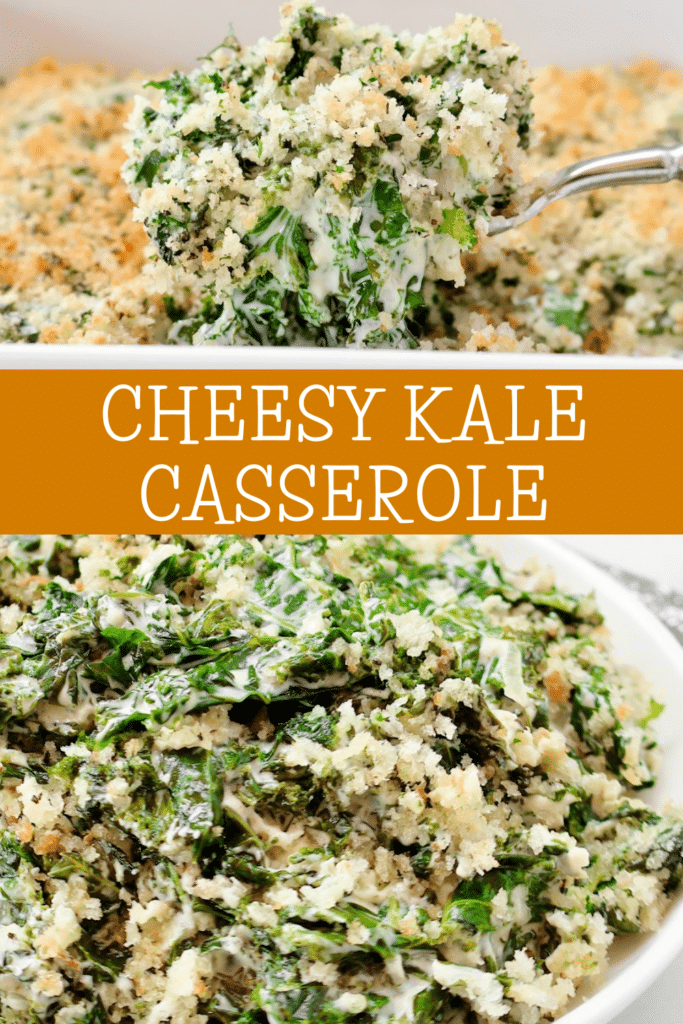 Kale Casserole ~ Fresh kale baked in savory cream sauce and topped with buttery breadcrumbs. Vegetarian or vegan.