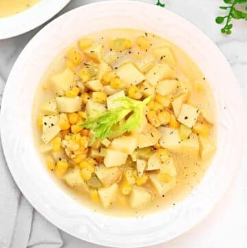 Corn and Potato Soup ~ A quick and hearty soup with tender potatoes, sweet corn, and a rich, flavorful broth. Make it vegetarian or vegan.