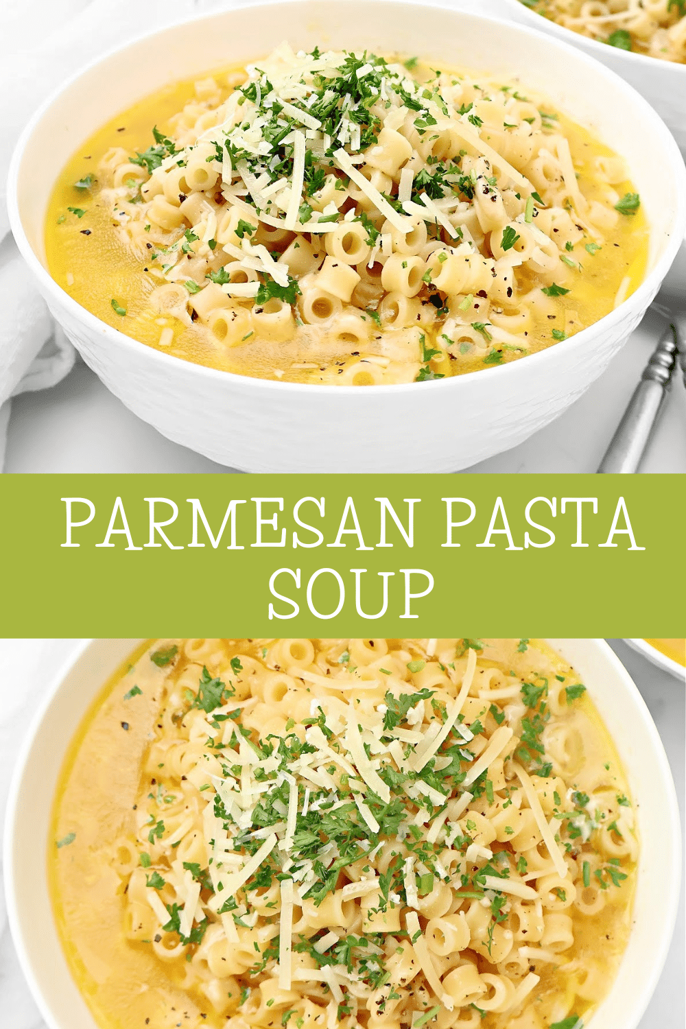 Parmesan Pasta Soup ~ Ditalini pasta in a rich and savory parmesan broth. Ready and on the table in under 30 minutes! via @thiswifecooks