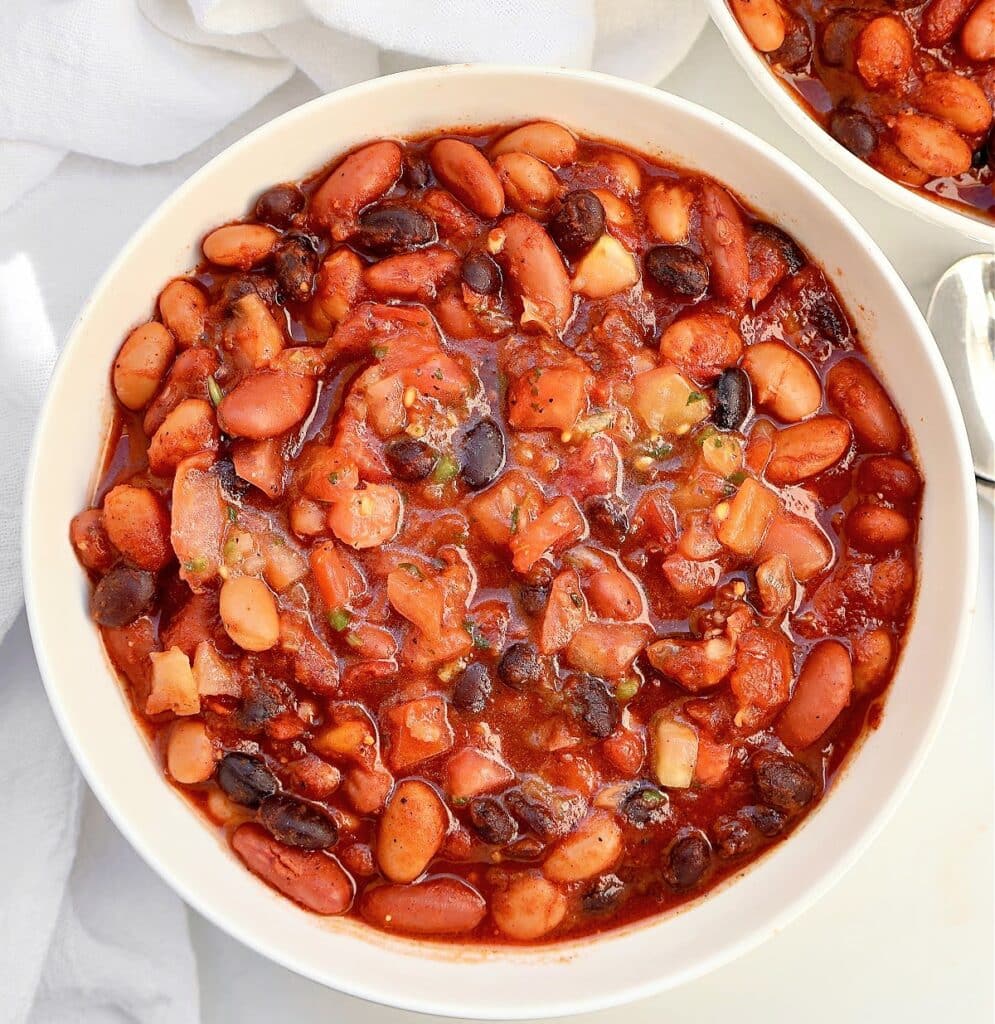 Salsa Bean Chili ~ A simple and satisfying chili with chunky salsa and two kinds of beans. Ready in under 30 minutes!