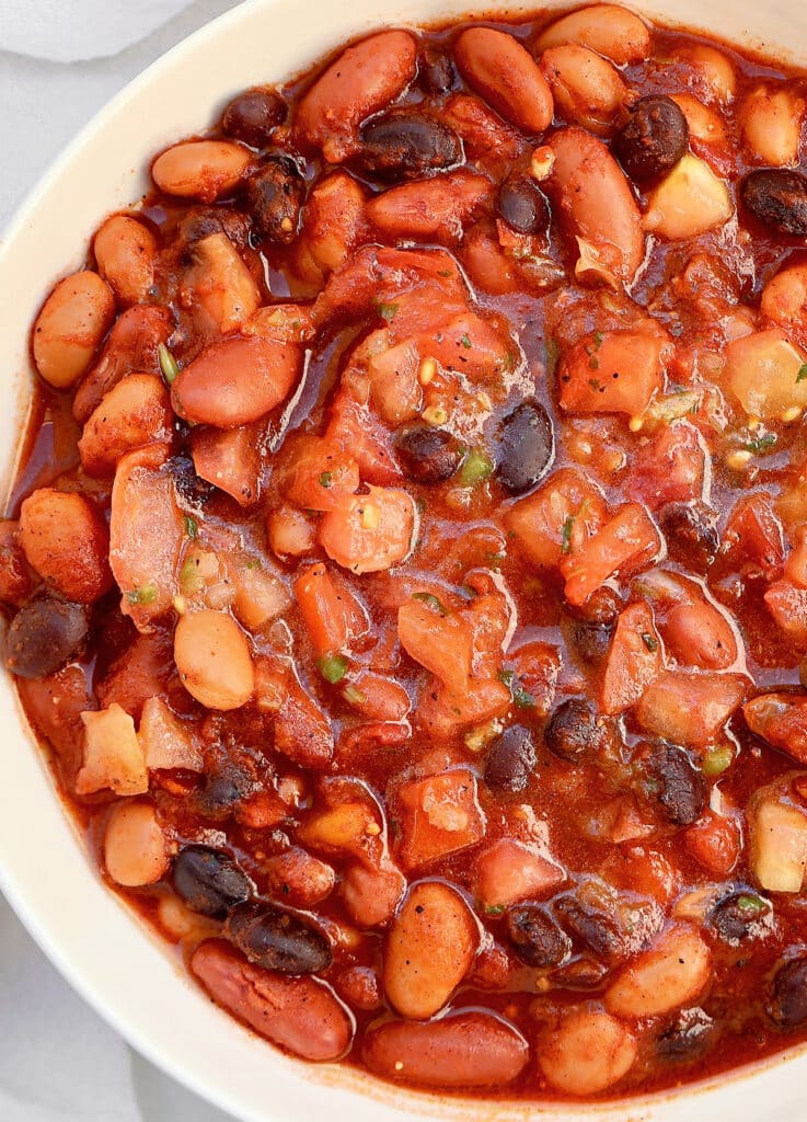 Salsa Bean Chili ~ A simple and satisfying chili with chunky salsa and two kinds of beans. Ready in under 30 minutes!