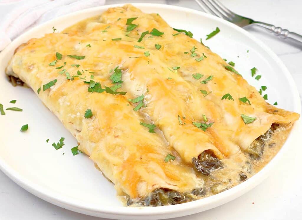 Green Chile Spinach Enchiladas ~ Cheesy enchiladas stuffed with green chiles and fresh spinach. Vegetarian or Vegan.