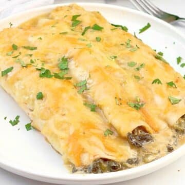 Green Chile Spinach Enchiladas ~ Cheesy enchiladas stuffed with green chiles and fresh spinach. Vegetarian or Vegan.