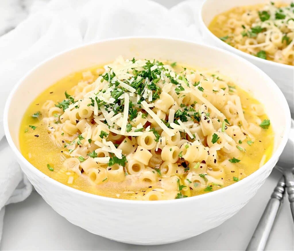 Parmesan Pasta Soup ~ Ditalini pasta in a rich and savory parmesan broth. Ready and on the table in under 30 minutes!