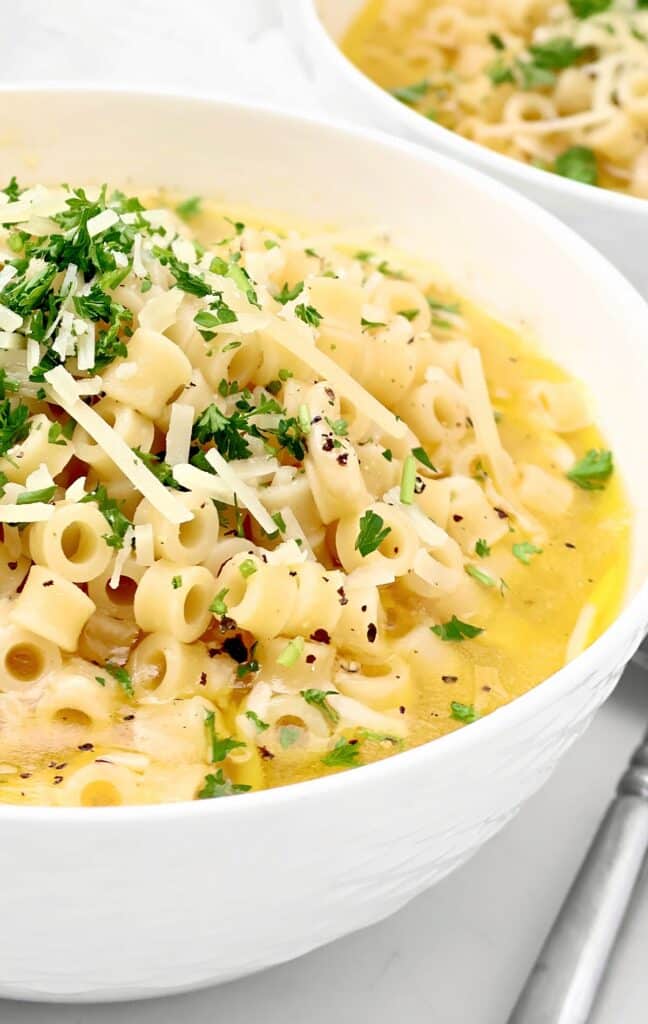 Parmesan Pasta Soup ~ Ditalini pasta in a rich and savory parmesan broth. Ready and on the table in under 30 minutes!