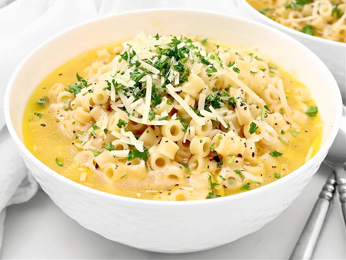 Parmesan Pasta Soup ~ Ditalini pasta in a rich and savory parmesan broth. Ready and on the table in under 30 minutes!