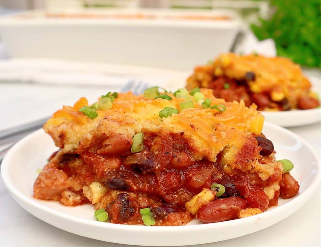 Chili Cornbread Casserole Bake ~ Hearty chili topped with a golden, buttery cornbread layer baked together for a warm and comforting meal!