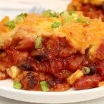 Chili Cornbread Casserole Bake ~ Hearty chili topped with a golden, buttery cornbread layer baked together for a warm and comforting meal!