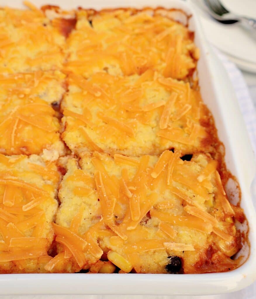 Chili Cornbread Casserole Bake ~ Hearty chili topped with a golden, buttery cornbread layer baked together for a warm and comforting meal!