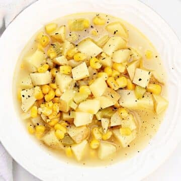 Corn and Potato Soup ~ A quick and hearty soup with tender potatoes, sweet corn, and a rich, flavorful broth. Make it vegetarian or vegan.