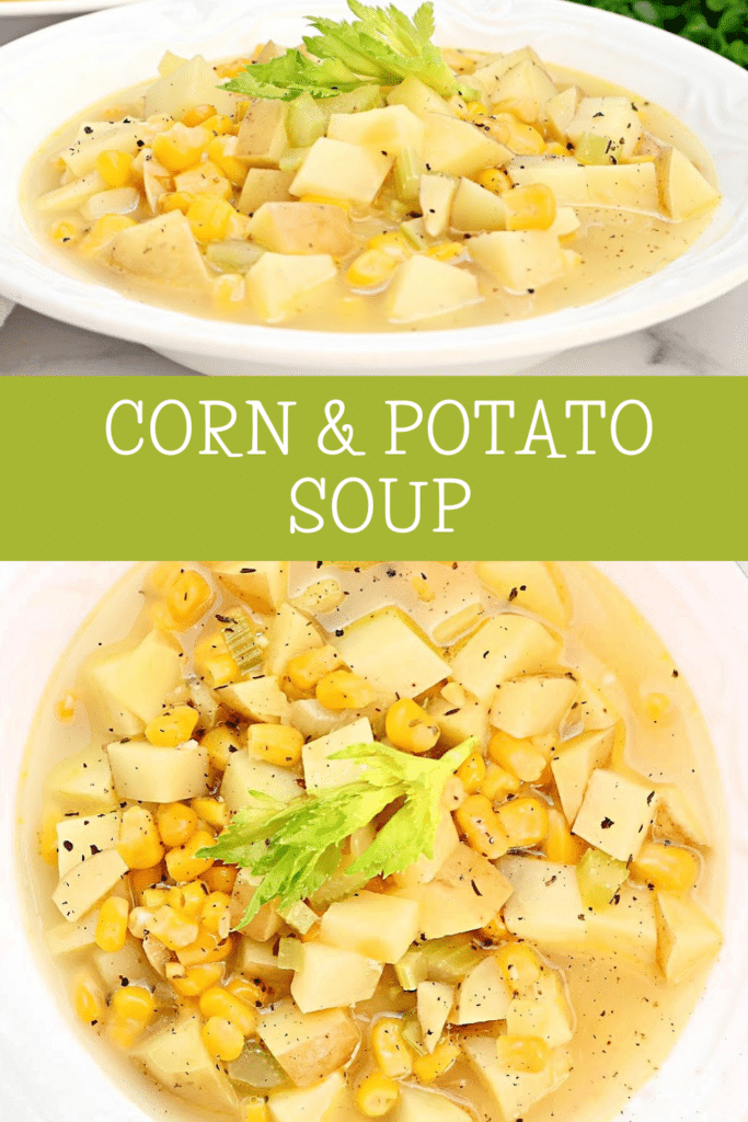 Corn and Potato Soup ~ A quick and hearty soup with tender potatoes, sweet corn, and a rich, flavorful broth. Make it vegetarian or vegan.