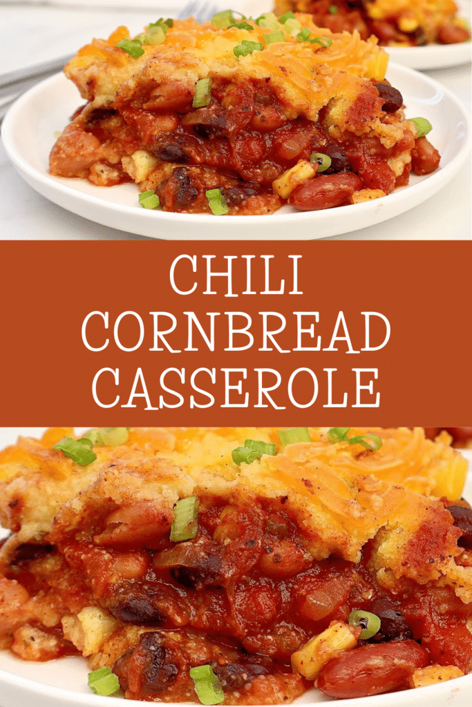 Chili Cornbread Casserole Bake ~ Hearty chili topped with a golden, buttery cornbread layer baked together for a warm and comforting meal!