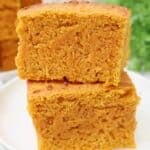 Pumpkin Spice Cornbread ~ Pumpkin cornbread infused with the autumn spices of cinnamon, nutmeg, and cloves. Egg-free recipe.