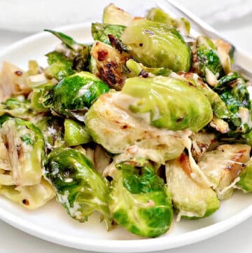 Brussels Sprouts Casserole ~ Savory side dish with fresh Brussels sprouts in a rich and creamy cheese sauce. Vegetarian or Vegan.