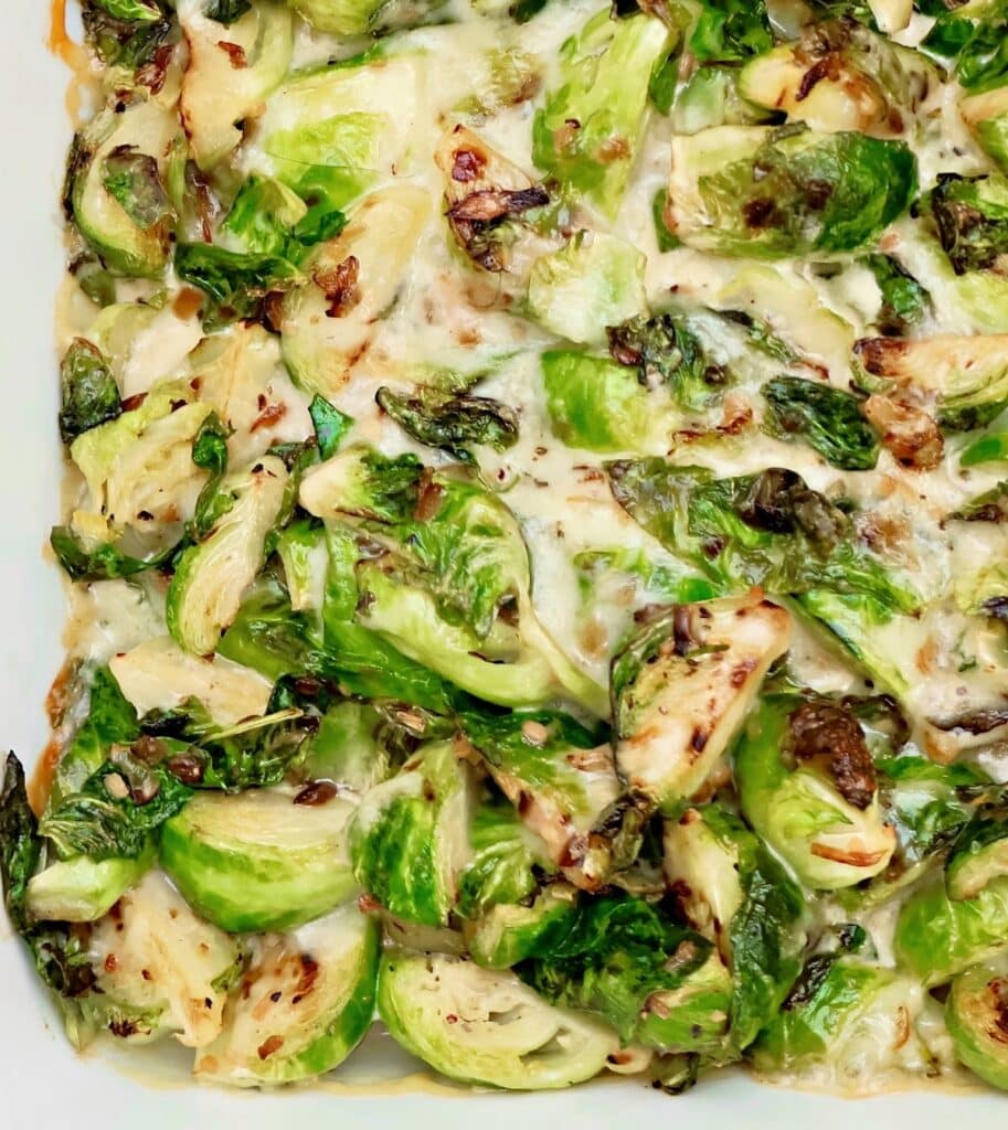 Brussels Sprouts Casserole ~ Savory side dish with fresh Brussels sprouts in a rich and creamy cheese sauce. Vegetarian or Vegan.