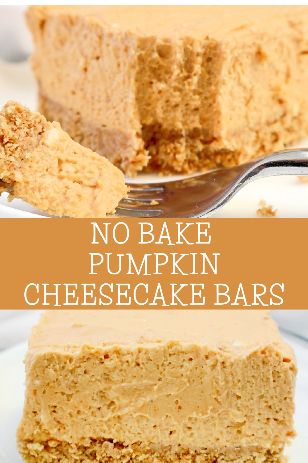 Pumpkin Cheesecake Bars ~ Easy and creamy no-bake fall dessert with a buttery graham cracker crust and spiced pumpkin cheesecake filling. via @thiswifecooks