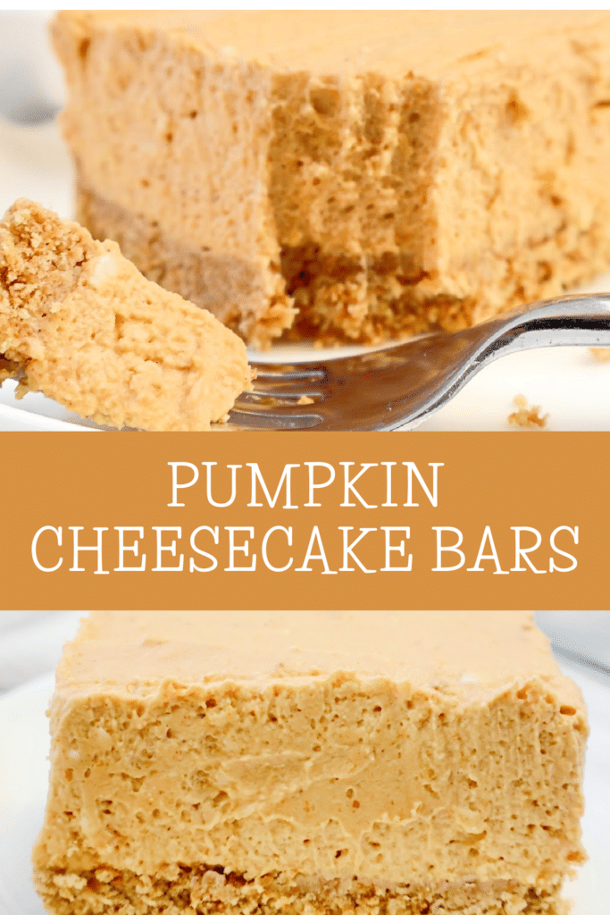 Pumpkin Cheesecake Bars ~ Easy and creamy no-bake fall dessert with a buttery graham cracker crust and spiced pumpkin cheesecake filling.