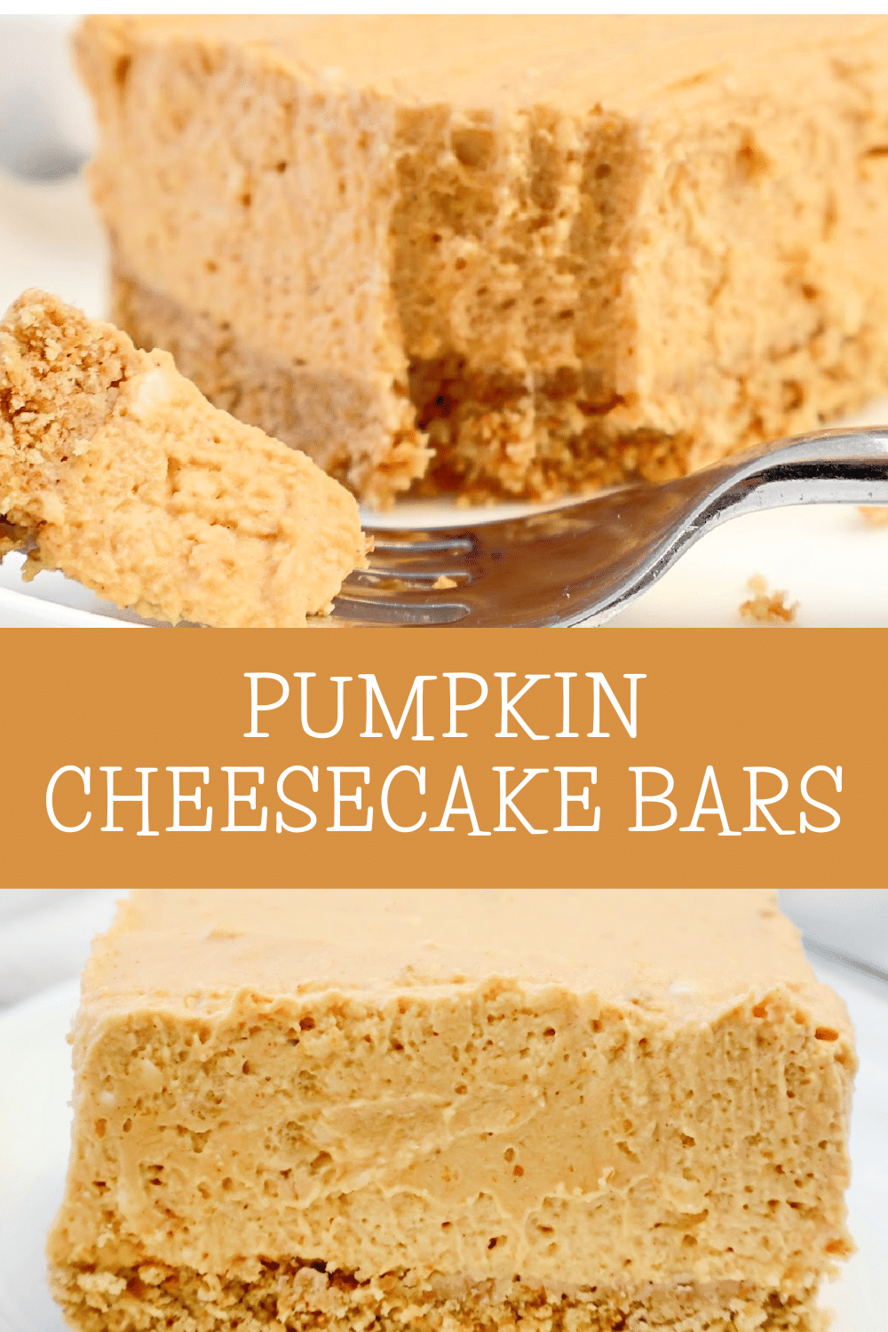 Pumpkin Cheesecake Bars ~ Easy and creamy no-bake fall dessert with a buttery graham cracker crust and spiced pumpkin cheesecake filling. via @thiswifecooks