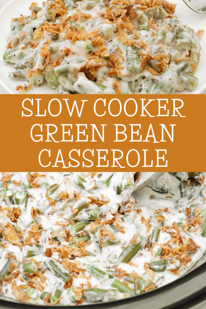 Slow Cooker Green Bean Casserole ~ Tender green beans in a creamy mushroom sauce, topped with crispy fried onions. Easy vegetarian side dish.