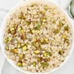 Pistachio Couscous ~ Quick and simple recipe for lightly seasoned pearl couscous studded with crunchy pistachios.