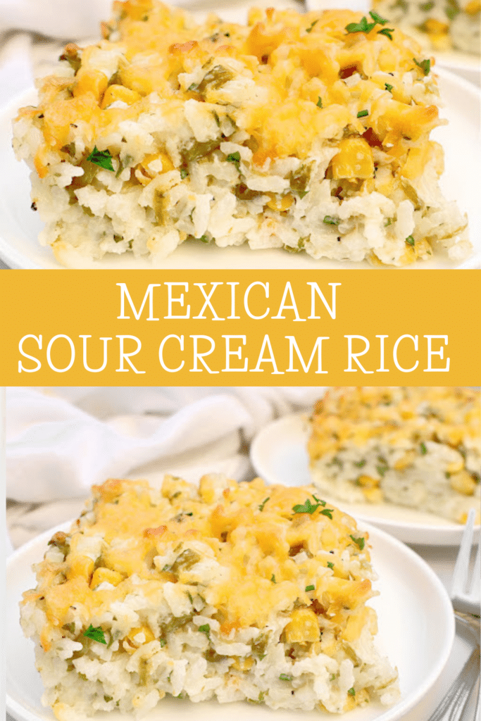 Mexican Sour Cream Rice ~ Creamy rice bake with bold Tex-Mex flavors of green chiles, cheese, and a hint of cumin. Vegetarian or vegan.