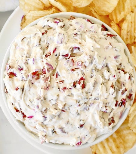 Roasted Red Onion Dip ~ Easy and creamy party dip with sweet caramelized onions. Perfect for Game Day! Vegetarian or vegan.