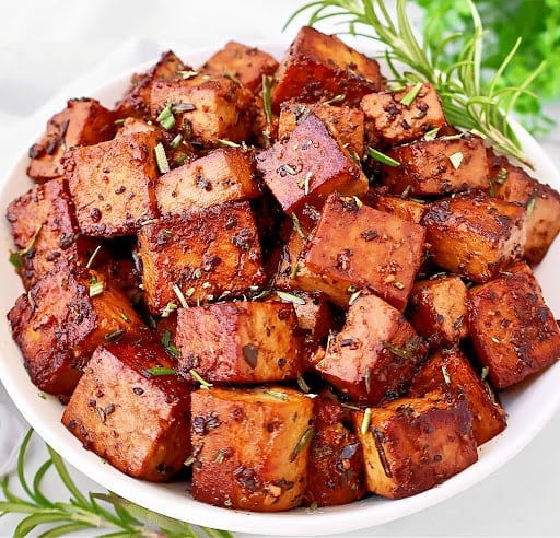 Rosemary Tofu ~ Extra-firm tofu marinated in a savory, tangy rosemary-infused sauce, then pan-fried until lightly crisp. Easy vegan dinner.