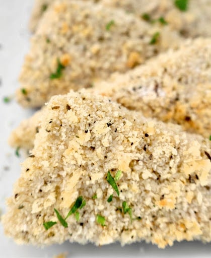 Crispy Breaded Tofu ~ Extra-firm tofu steaks coated in savory seasonings and breadcrumbs, then baked to golden perfection.