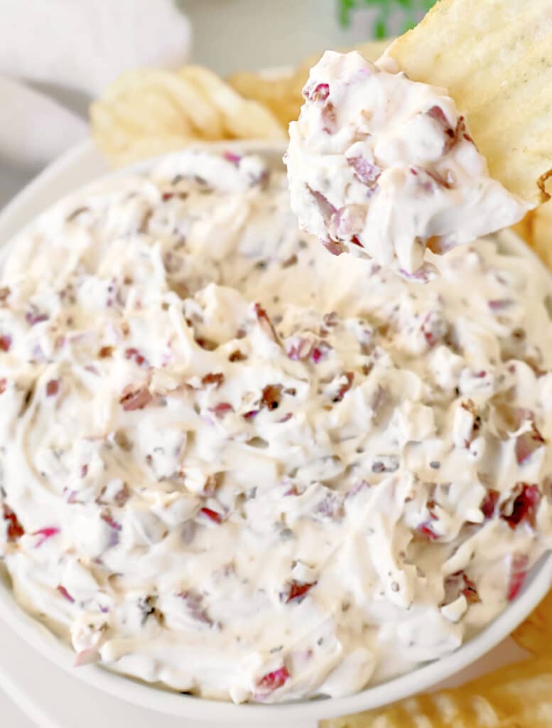 Roasted Red Onion Dip ~ Easy and creamy party dip with sweet caramelized onions. Perfect for Game Day! Vegetarian or vegan.