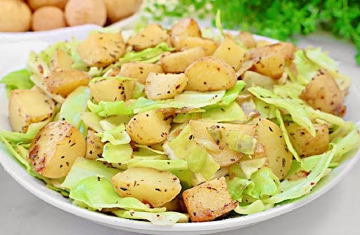 Potatoes and Cabbage ~ Green cabbage sauteed with Yukon Gold potatoes and savory seasonings.