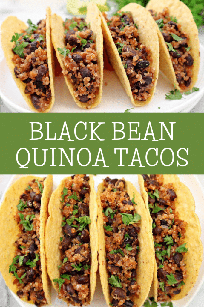 Black Bean Quinoa Tacos ~ Hearty black beans and quinoa cooked with taco spices, lime, and onion, then warmed in crispy shells and ready for your favorite taco toppings. Vegan tacos.