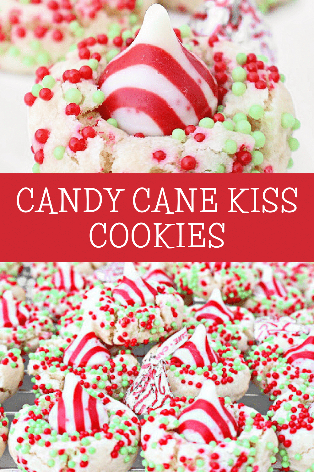 Candy Cane Kiss Cookies ~ Peppermint-infused sugar cookies topped with Hershey's Candy Cane Kisses. Perfect cookie for a cookie exchange! via @thiswifecooks