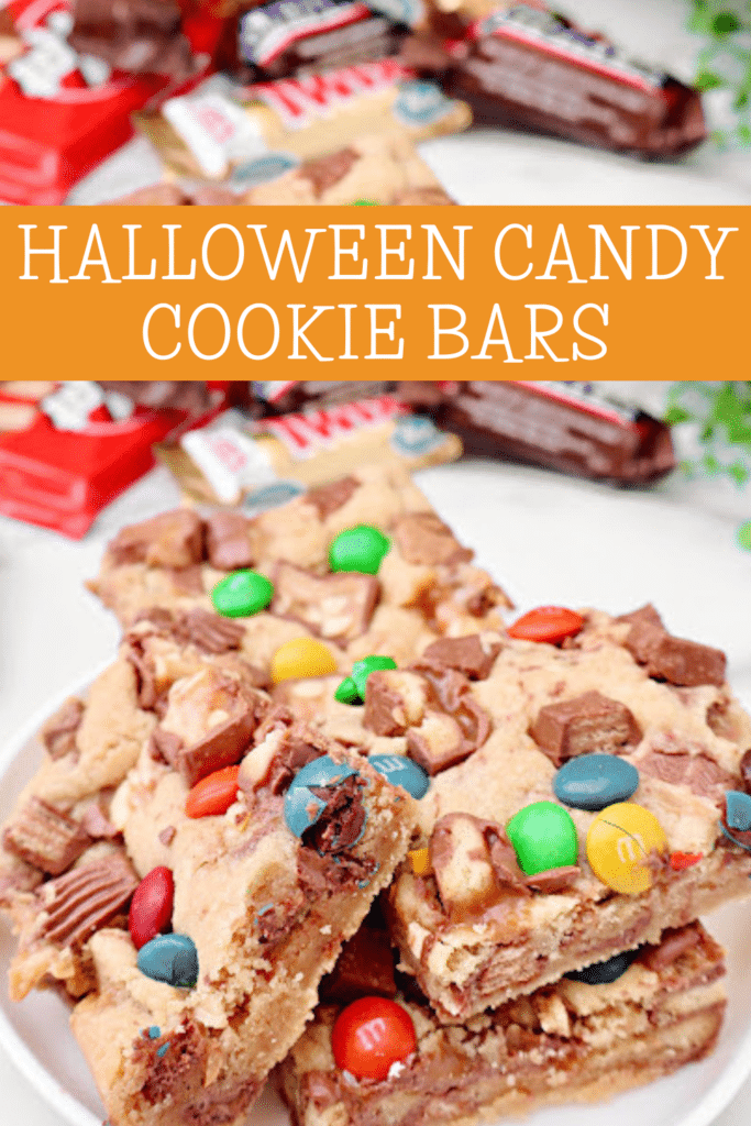 Halloween Candy Cookie Bars ~ Got leftover Halloween candy? Turn those fun-sized chocolate bars into chewy, buttery cookie bars.