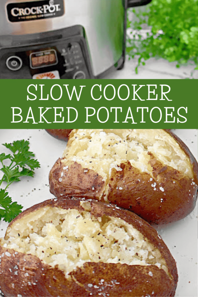 Slow Cooker Baked Potatoes ~ Cooking potatoes in the crockpot is an easy way to make perfectly fluffy and tender baked potatoes every time!