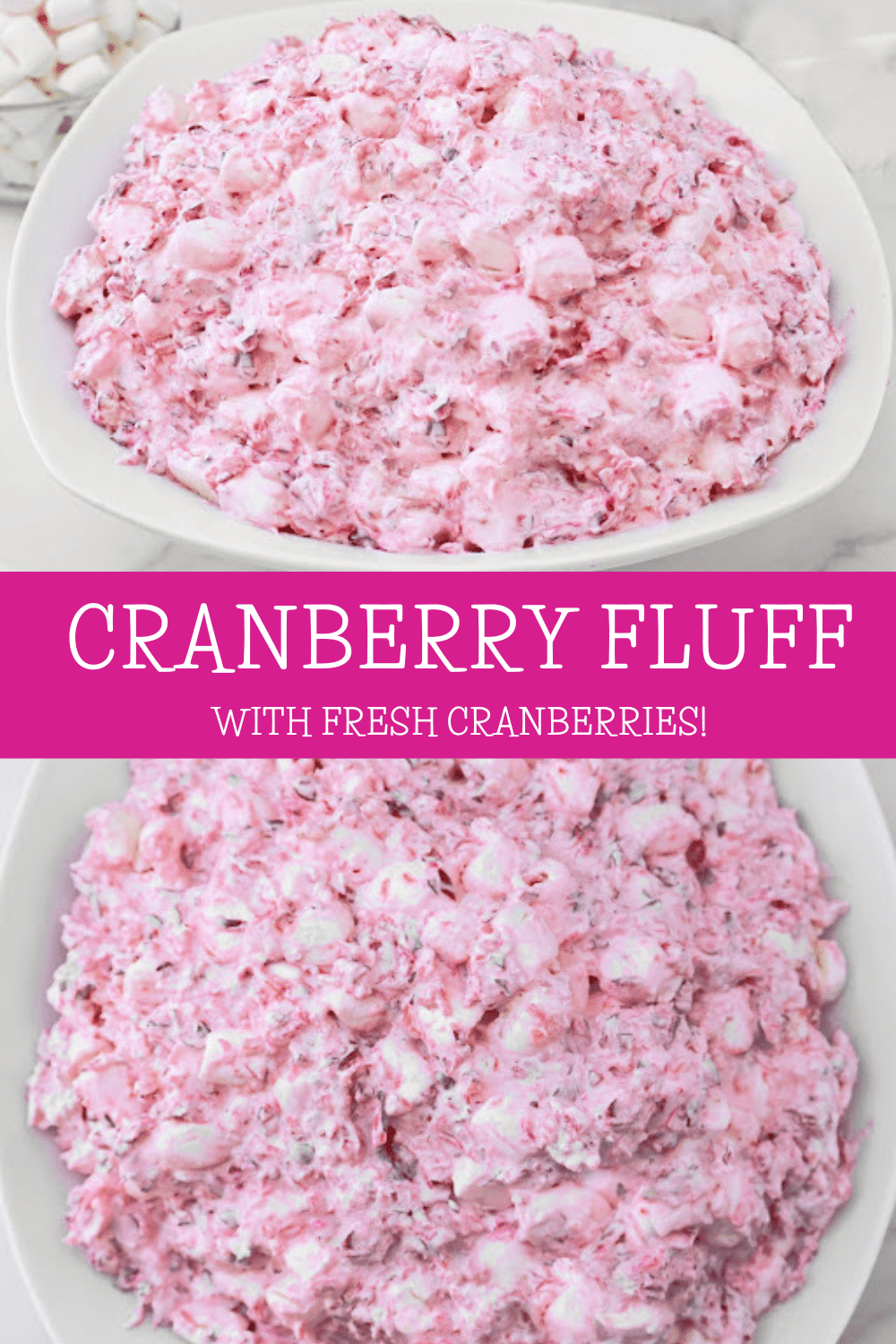 Cranberry Fluff ~ A fluffy blend of tart cranberries, sweet marshmallows, and pineapple that sneaks onto the table as “salad.” via @thiswifecooks