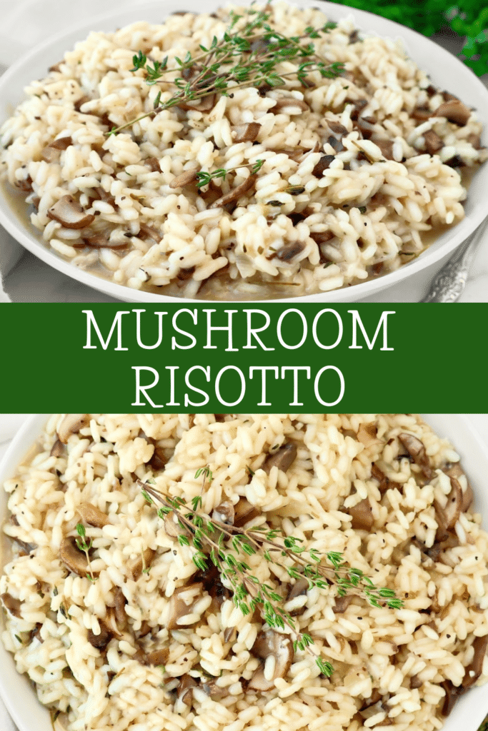 Mushroom Risotto ~ Creamy risotto with the rustic flavors of cremini mushrooms and fresh thyme. Serve as a main course or hearty side dish. Vegetarian or Vegan. 