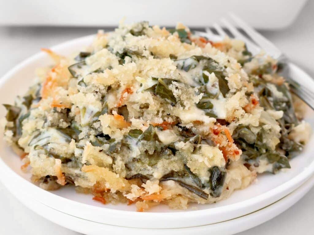 Cheesy Collard Greens Gratin ~ Easy vegetarian casserole with tender collard greens in a rich, creamy sauce made with two kinds of cheese, topped with crispy breadcrumbs.