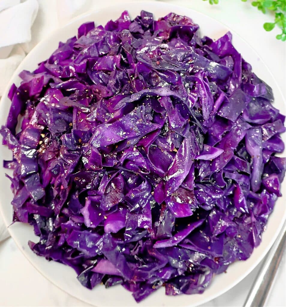 Sautéed Red Cabbage ~ An easy, colorful, and budget-friendly side dish with crisp red cabbage, pan-fried with simple seasonings.