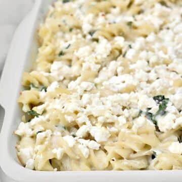 Cheesy Kale Pasta Bake ~ Tender pasta tossed with a creamy three-cheese sauce and fresh kale for an easy and comforting casserole.