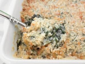 Cheesy Collard Greens Gratin ~ Easy vegetarian casserole with tender collard greens in a rich, creamy sauce made with two kinds of cheese, topped with crispy breadcrumbs.