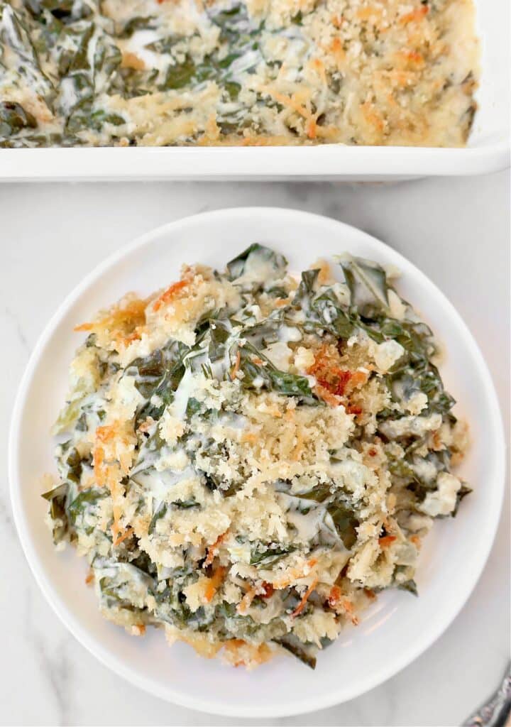 Cheesy Collard Greens Gratin ~ Easy vegetarian casserole with tender collard greens in a rich, creamy sauce made with two kinds of cheese, topped with crispy breadcrumbs.